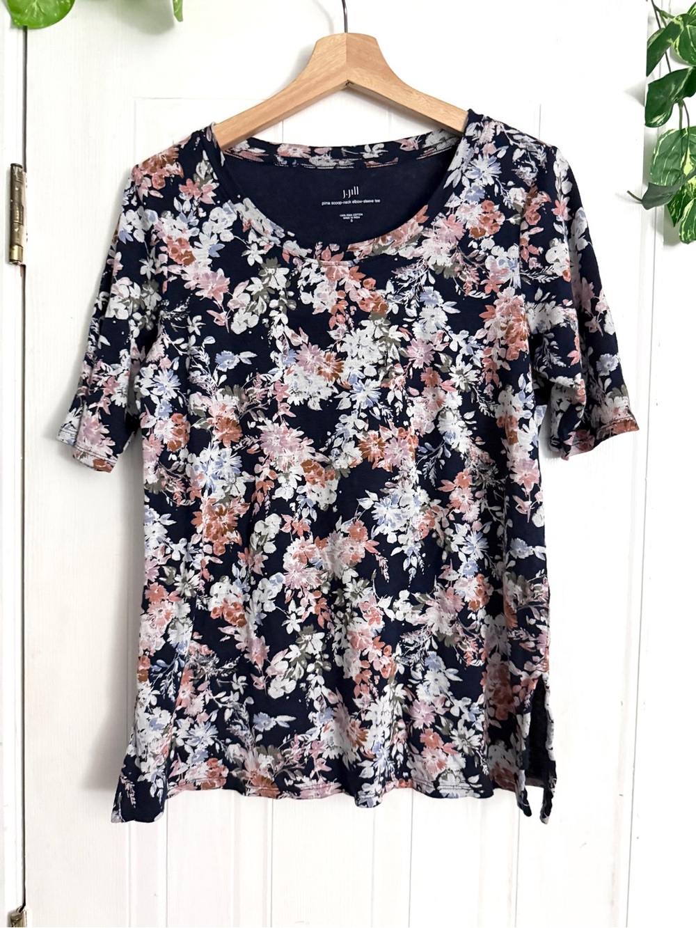 J. Jill Navy Floral Short Sleeve Tee with Pink & Cream Blooms